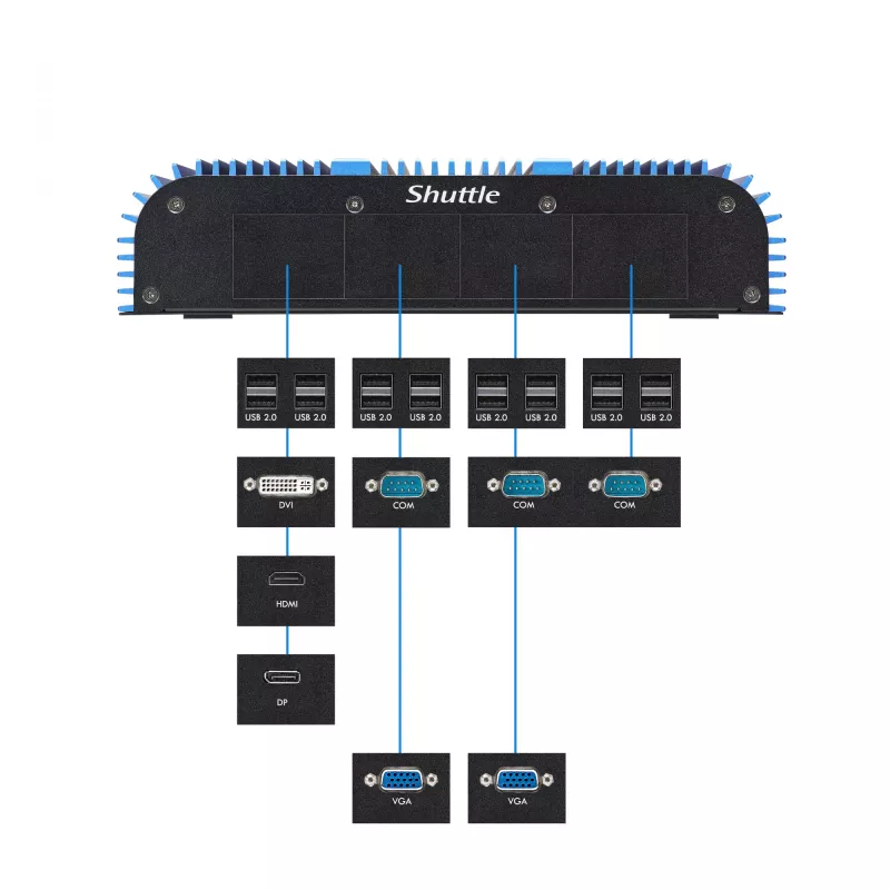 Shuttle BPCAL02-i5 teollisuus-box-PC, Core i5-1235U, 2x SO-DIMM, 2x LAN, 1x COM, 1x HDMI, 4x USB, tuulettimeton, 24/7 jatkuva käyttö