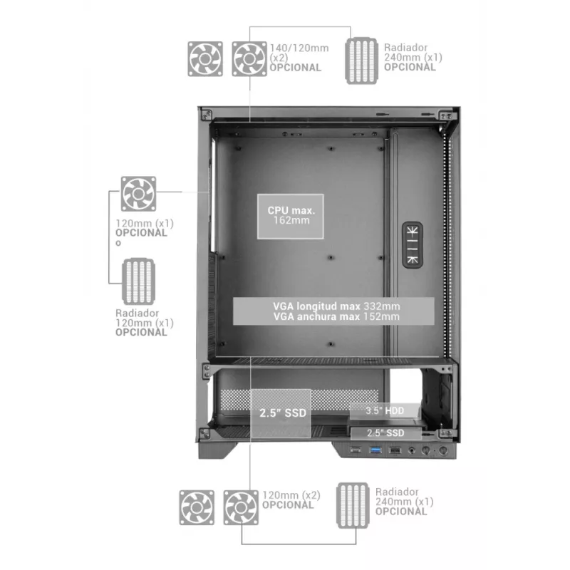 PC-kotelo TACENS MARS MC-PULSAR LCD ATX Midi Tower, karkaistu lasi, etu-LCD, USB-C, tukee GPU 33,2 cm