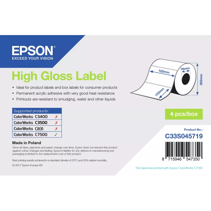 Epson High Gloss -tarrat - stansattu rulla: 102mm x 152mm, 800 tarraa