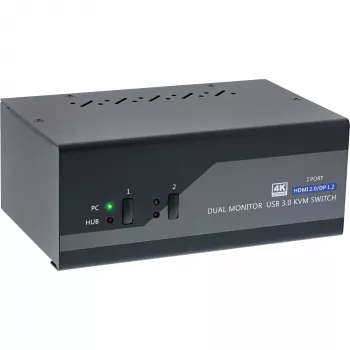 InLine KVM-työpöytäkytkin, 2-porttinen, kahden näytön, DP+HDMI, 4K, USB 3.0, ääni