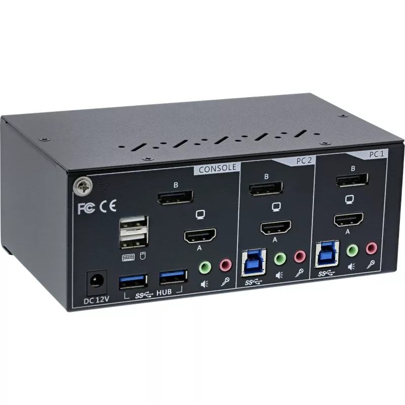 InLine KVM-työpöytäkytkin, 2-porttinen, kahden näytön, DP+HDMI, 4K, USB 3.0, ääni
