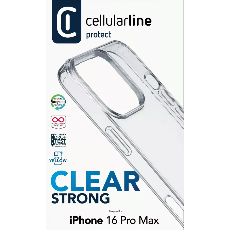 Cellularline Clear Protect – kova kuori iPhone 16 Pro Max kumireunoilla