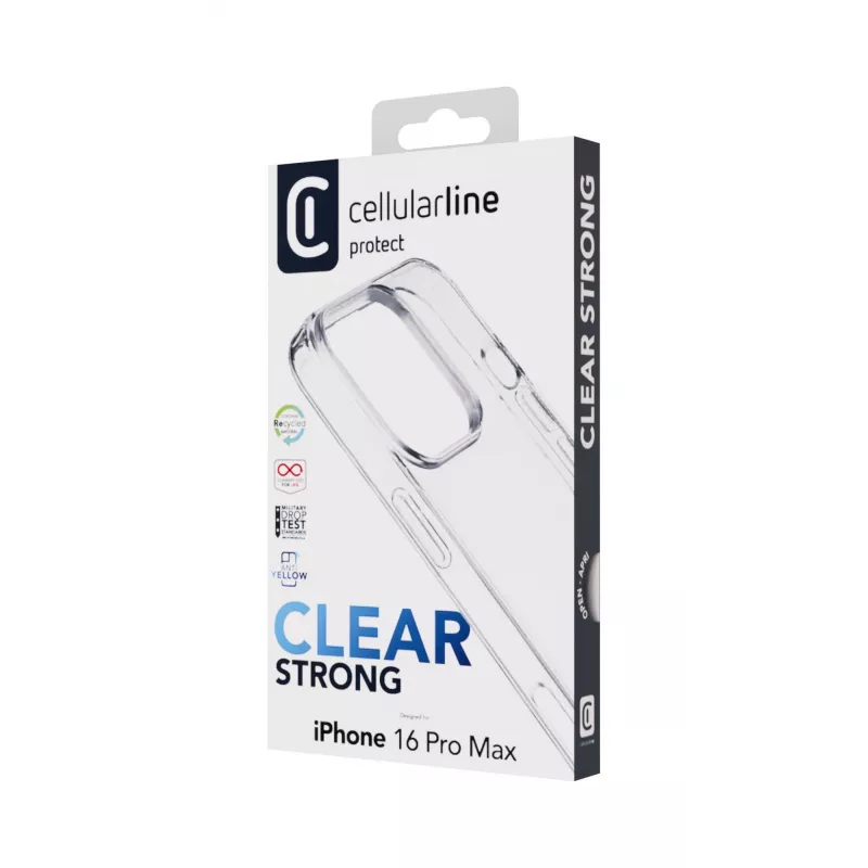 Cellularline Clear Protect – kova kuori iPhone 16 Pro Max kumireunoilla