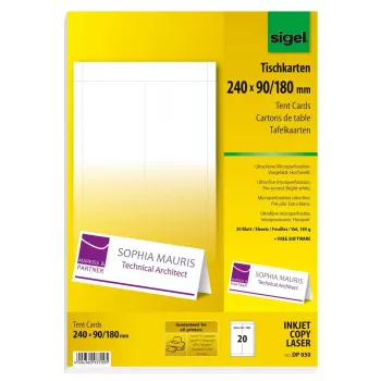 Sigel DP050 pöytäkortit, 240 x 90 mm, 185 g/m², kirkkaanvalkoinen, 20 kpl