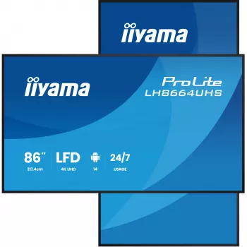 Digitaalisen signaalin litteä näyttö IIYAMA LH8664UHS-B3AG — 85,6 tuuman (2,17 m) 3840x2160 4K IPS, 450 cd/m², Wi‑Fi, Android, 24/7, musta