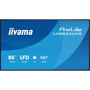 Digitaalisen signaalin litteä näyttö IIYAMA LH8664UHS-B3AG — 85,6 tuuman (2,17 m) 3840x2160 4K IPS, 450 cd/m², Wi‑Fi, Android, 24/7, musta