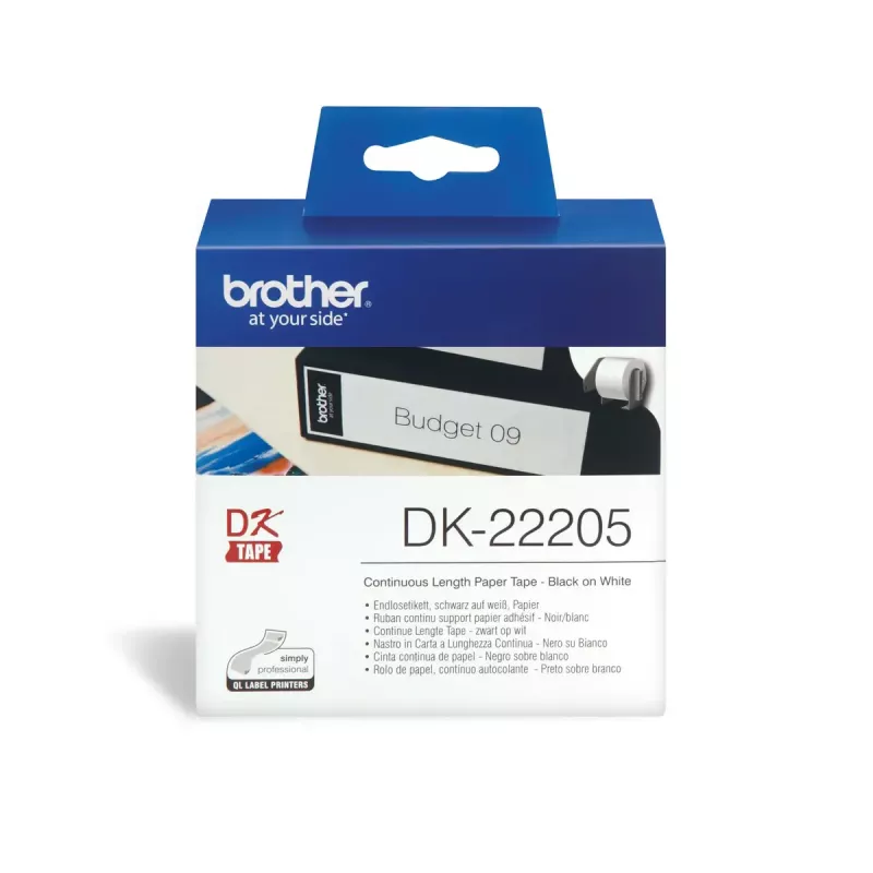 Jatkuva tarra Brother DK22205 musta valkoisella 6,2 cm x 30,48 m