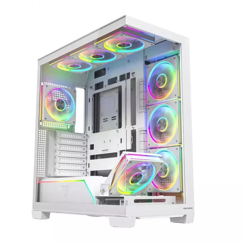 PC-kotelo MODECOM VOLCANO STELLAR PLUS ARGB MIDI 8F valkoinen — Mid Tower, ATX, karkaistu lasi, ARGB-valaistus, 8 tuuletinta, GPU jopa 42 cm
