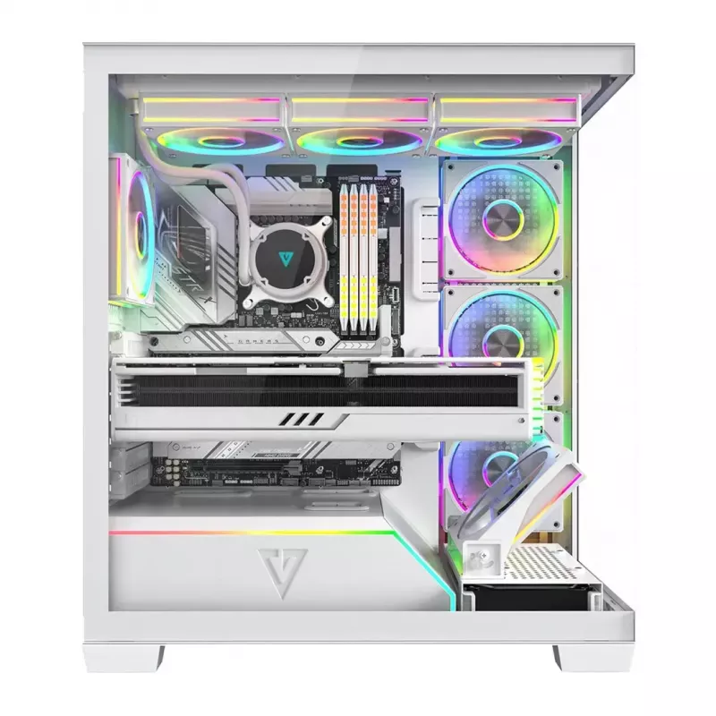 PC-kotelo MODECOM VOLCANO STELLAR PLUS ARGB MIDI 8F valkoinen — Mid Tower, ATX, karkaistu lasi, ARGB-valaistus, 8 tuuletinta, GPU jopa 42 cm