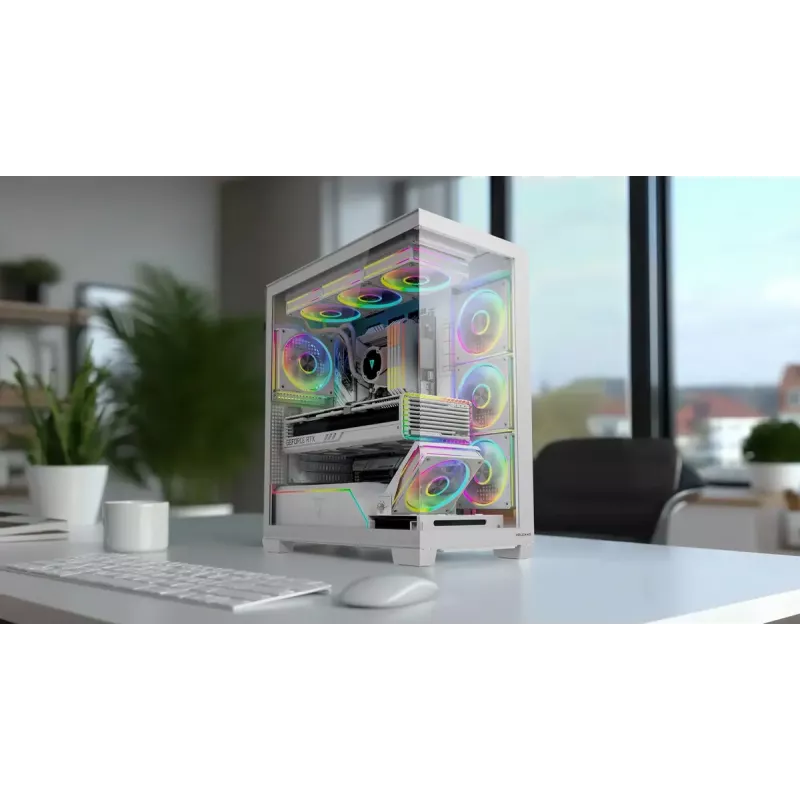 PC-kotelo MODECOM VOLCANO STELLAR PLUS MIDI valkoinen — Midi Tower, microATX, karkaistu lasi, USB-C, tukee GPU 420 mm