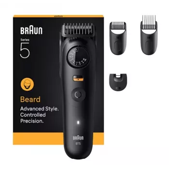Partatrimmeri BRAUN BT5520 — 0,5–20 mm, 40 pituusasetusta, ladattava, 120 min akunkesto, musta