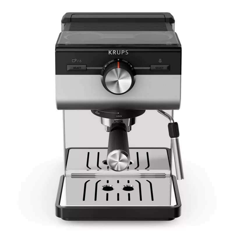 Espressokeitin KRUPS XP384E10 — puoliautomaattinen, 2 l vesisäiliö, 2 kuppia, musta/ruostumaton teräs