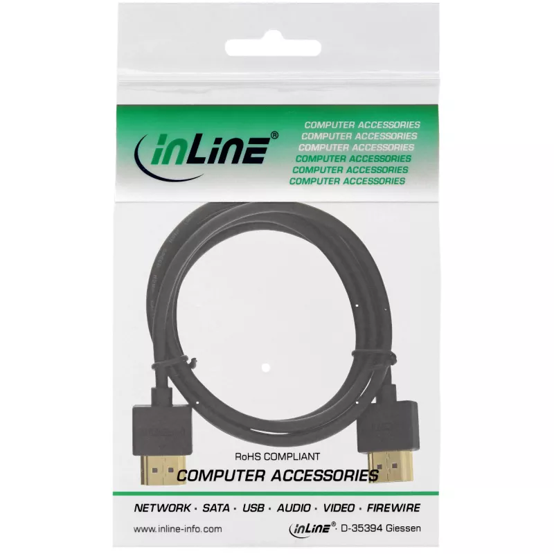 InLine High Speed HDMI -kaapeli Ethernetillä, AM/AM, superohut, musta/kulta, 0,5 m