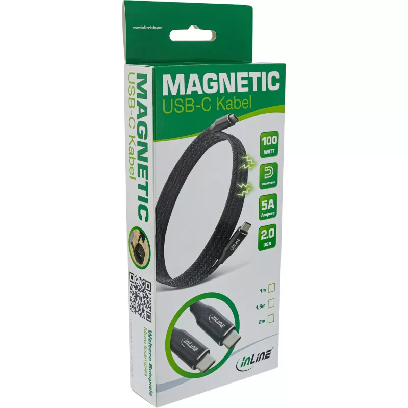 InLine magneettinen USB-C-kaapeli, USB-C uros/uros, 100 W, musta, 1 m