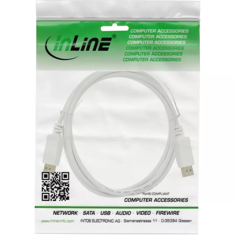 DisplayPort-kaapeli InLine 17255W, 0,5 m, DisplayPort–DisplayPort, valkoinen