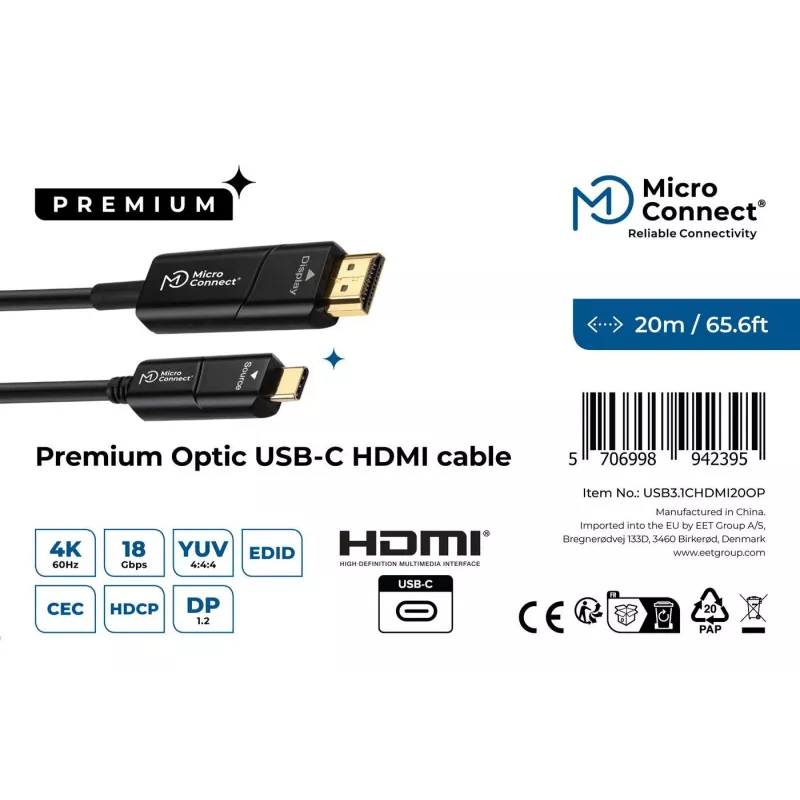 Microconnect USB3.1CHDMI20OP videokaapeli-adapteri 20 m USB Type-C HDMI musta