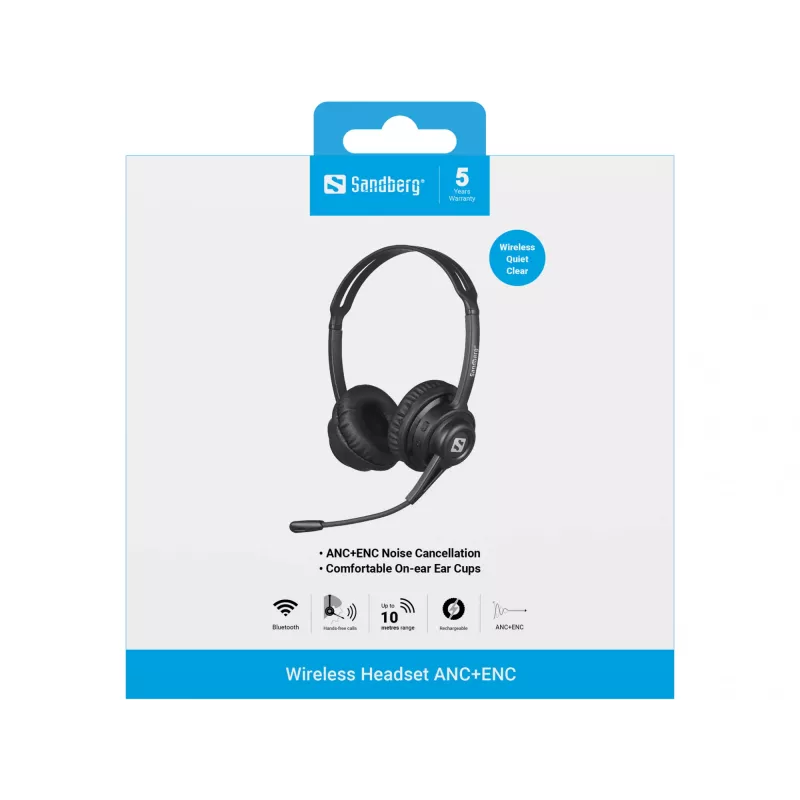 Sandberg langaton headset ANC+ENC, langaton, musiikki/arkikäyttö, 20–20000 Hz, 230 g, headset, musta