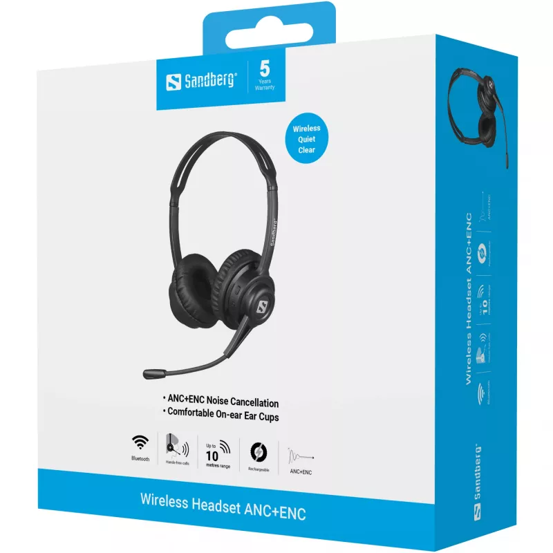 Sandberg langaton headset ANC+ENC, langaton, musiikki/arkikäyttö, 20–20000 Hz, 230 g, headset, musta