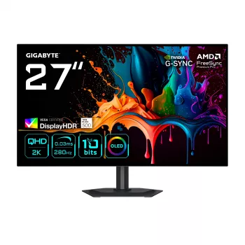 GIGABYTE MO27Q28G 27 tuuman OLED QHD-pelinäyttö – 2560 x 1440, 280 Hz, 0,03 ms, 335 cd/m², DisplayHDR True Black 500, HDMI 2.1, DisplayPort 1.4