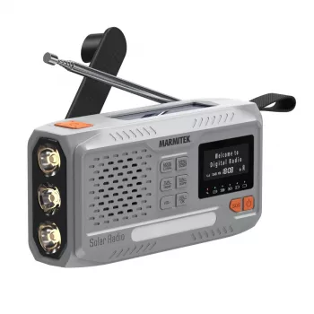 Marmitek RESQ 100 kannettava kampiradio — DAB/DAB+/FM, 3 W, LCD, USB-C, 3,5 mm liitäntä, vaaleanharmaa