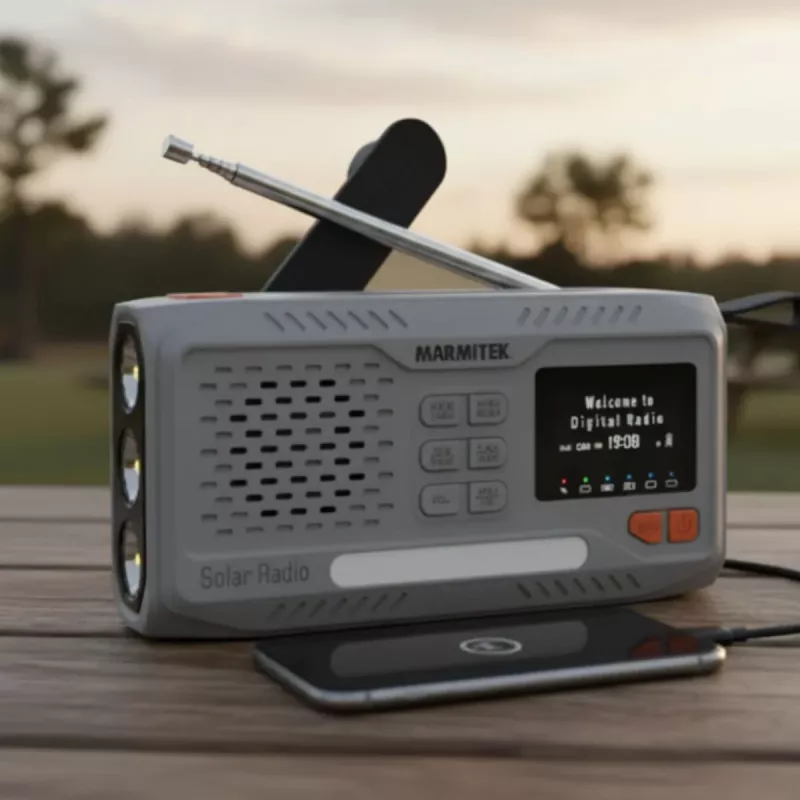 Marmitek RESQ 100 kannettava kampiradio — DAB/DAB+/FM, 3 W, LCD, USB-C, 3,5 mm liitäntä, vaaleanharmaa