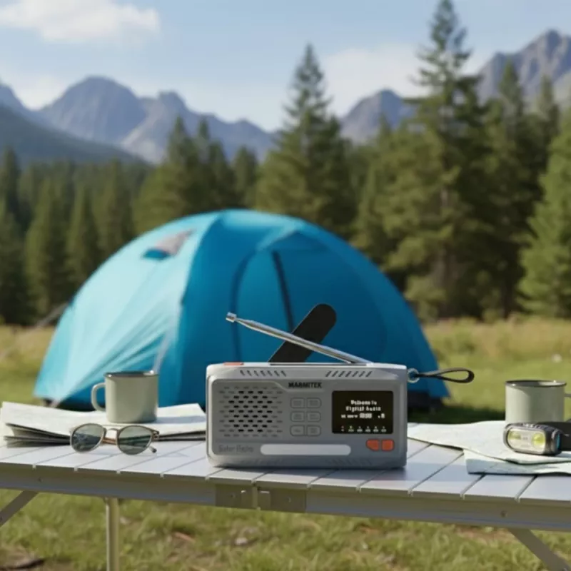 Marmitek RESQ 100 kannettava kampiradio — DAB/DAB+/FM, 3 W, LCD, USB-C, 3,5 mm liitäntä, vaaleanharmaa