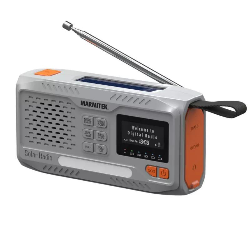 Marmitek RESQ 100 kannettava kampiradio — DAB/DAB+/FM, 3 W, LCD, USB-C, 3,5 mm liitäntä, vaaleanharmaa