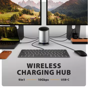 AXAGON HMC-WL9 USB-C 9-in-1-telakkakeskitin 10 Gbit/s, 100W PD, 8K HDMI, Ethernet, langaton lataus