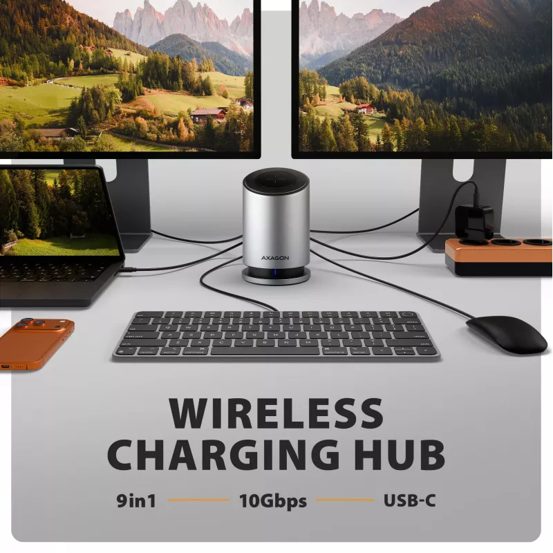 AXAGON HMC-WL9 USB-C 9-in-1-telakkakeskitin 10 Gbit/s, 100W PD, 8K HDMI, Ethernet, langaton lataus
