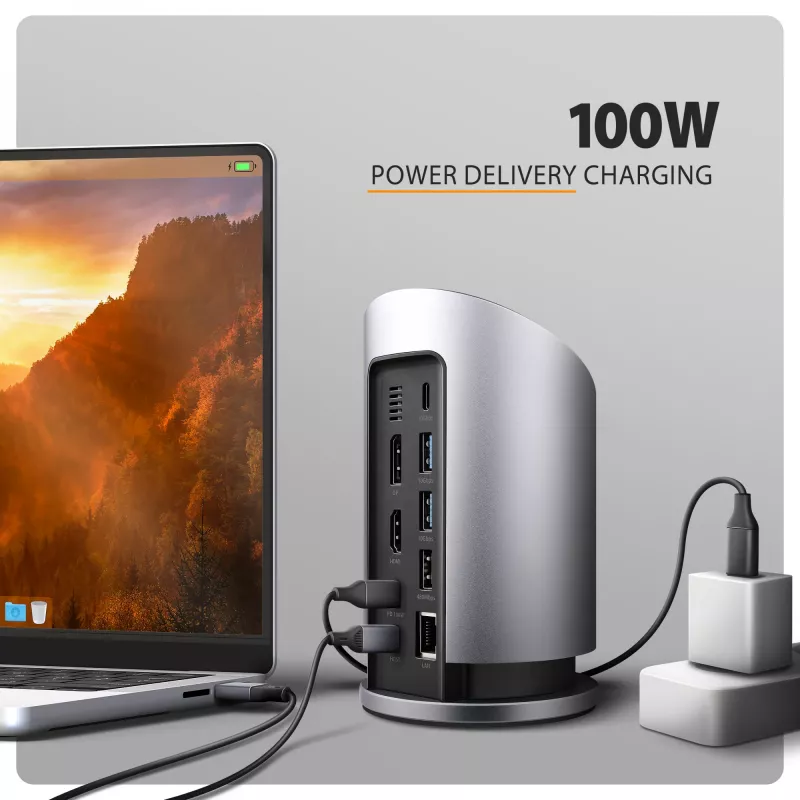 AXAGON HMC-WL9 USB-C 9-in-1-telakkakeskitin 10 Gbit/s, 100W PD, 8K HDMI, Ethernet, langaton lataus