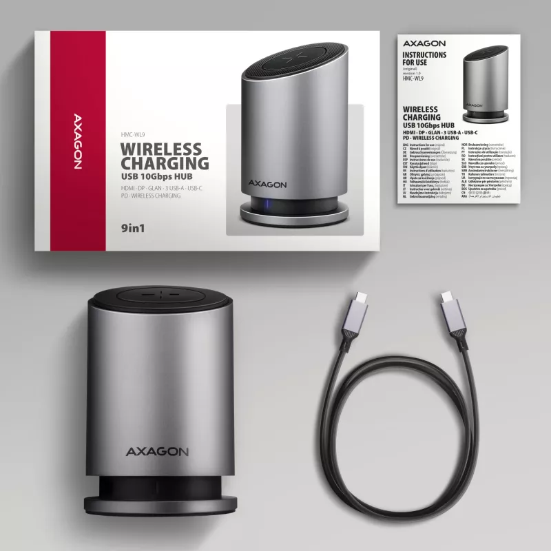 AXAGON HMC-WL9 USB-C 9-in-1-telakkakeskitin 10 Gbit/s, 100W PD, 8K HDMI, Ethernet, langaton lataus