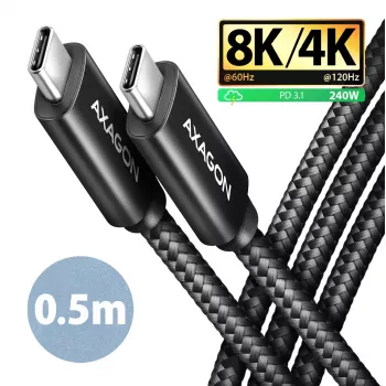 USB-C-USB-C-kaapeli AXAGON BUCM4X-CM05AB — USB4 Gen 3x2, 40 Gbit/s, 240 W, 0,5 m, musta
