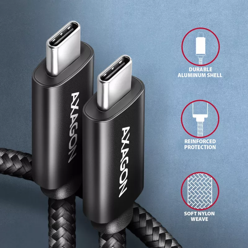 USB-C-USB-C-kaapeli AXAGON BUCM4X-CM05AB — USB4 Gen 3x2, 40 Gbit/s, 240 W, 0,5 m, musta