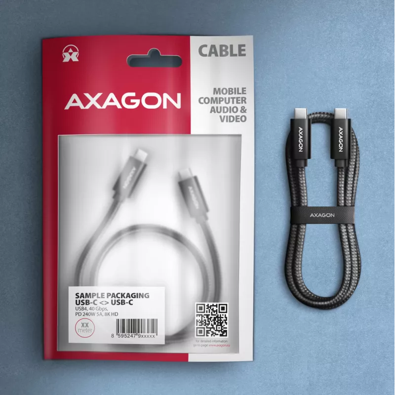 USB-C-USB-C-kaapeli AXAGON BUCM4X-CM05AB — USB4 Gen 3x2, 40 Gbit/s, 240 W, 0,5 m, musta