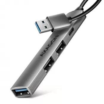 USB-keskitin AXAGON HUE-STA — 4-porttinen alumiinilista, 1× USB-A 5 Gbit/s + 2× USB-A & 1× USB-C 480 Mbit/s, USB-A-isäntä, harmaa