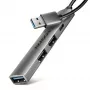 USB-keskitin AXAGON HUE-STA — 4-porttinen alumiinilista, 1× USB-A 5 Gbit/s + 2× USB-A & 1× USB-C 480 Mbit/s, USB-A-isäntä, harmaa