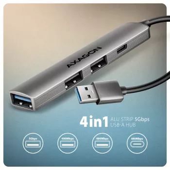 USB-keskitin AXAGON HUE-STA — 4-porttinen alumiinilista, 1× USB-A 5 Gbit/s + 2× USB-A & 1× USB-C 480 Mbit/s, USB-A-isäntä, harmaa