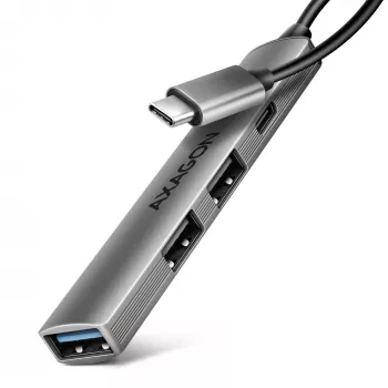 USB-keskitin AXAGON HUE-STC, 4-porttinen alumiinilista, 1x USB-A 5 Gbit/s + 2x USB-A & 1x USB-C 480 Mbit/s, USB-C-isäntä, 12 cm kaapeli, harmaa