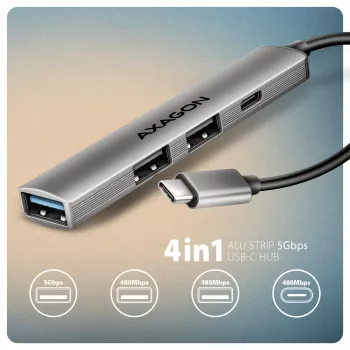 USB-keskitin AXAGON HUE-STC, 4-porttinen alumiinilista, 1x USB-A 5 Gbit/s + 2x USB-A & 1x USB-C 480 Mbit/s, USB-C-isäntä, 12 cm kaapeli, harmaa