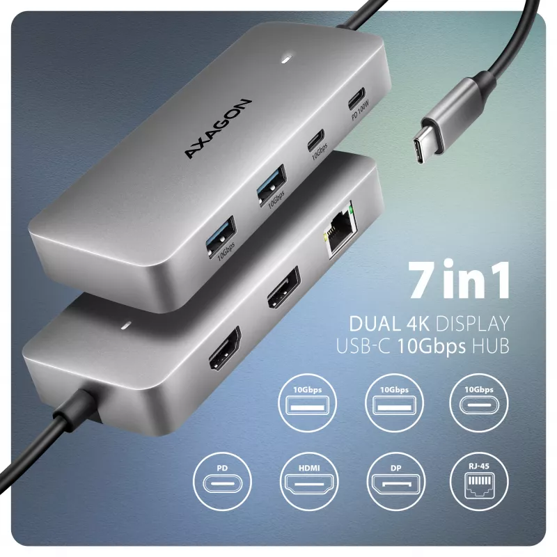 Axagon HMC-CUB83X2 USB 10Gbps -keskitin, 2x USB-A, USB-C, HDMI & DP 4K/144Hz, RJ-45, PD 100W