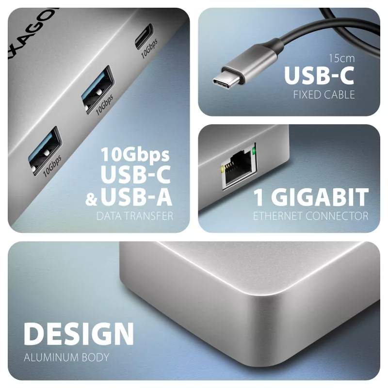 Axagon HMC-CUB83X2 USB 10Gbps -keskitin, 2x USB-A, USB-C, HDMI & DP 4K/144Hz, RJ-45, PD 100W