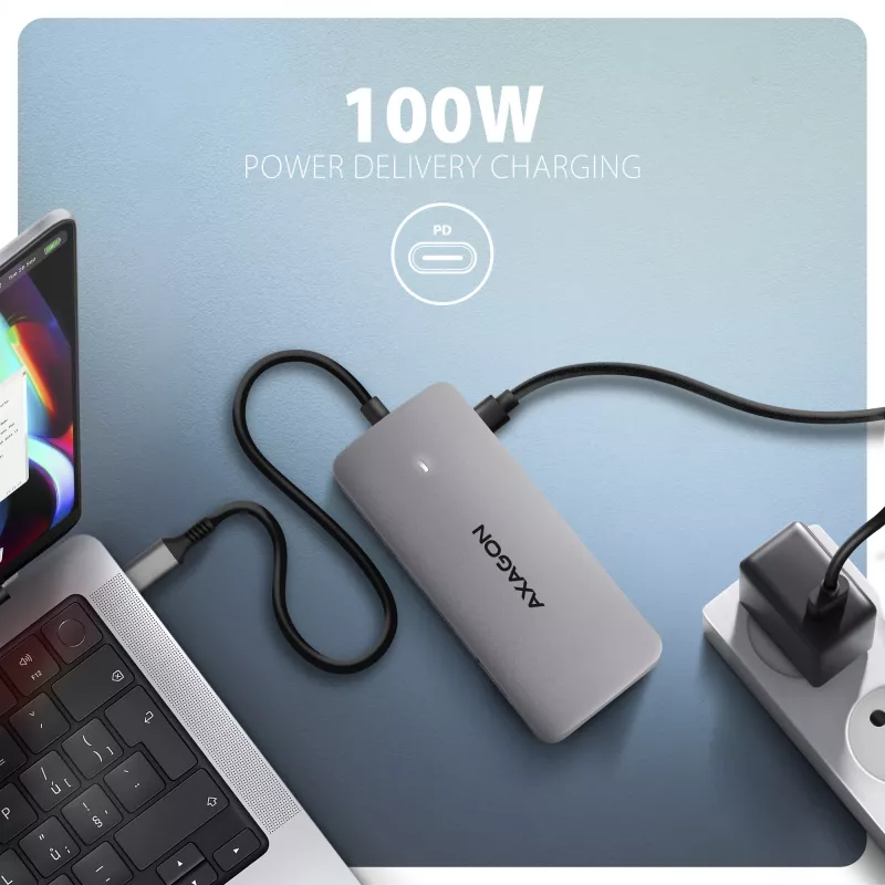 Axagon HMC-CUB83X2 USB 10Gbps -keskitin, 2x USB-A, USB-C, HDMI & DP 4K/144Hz, RJ-45, PD 100W