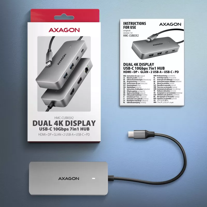 Axagon HMC-CUB83X2 USB 10Gbps -keskitin, 2x USB-A, USB-C, HDMI & DP 4K/144Hz, RJ-45, PD 100W