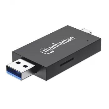 Manhattan USB-A / USB-C yhdistelmä-monikortinlukija/-kirjoittaja, 5 Gbit/s (USB 3.2 Gen1 alias USB 3.0), pistoke microSD- ja SD/MMC-paikkoihin, minikoko, SuperSpeed USB, Windows tai Mac, musta/läpinäkyvä, kolmen vuoden takuu