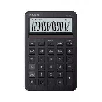 Pöytälaskin CASIO MS-200DQ — perus, 12-numeroinen, paristo/aurinko, vero- & voittotoiminnot, musta