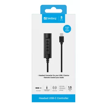 Sandberg kuulokemikrofoni USB-C -ohjain, 1,5 m, ohjain, 25 g, musta