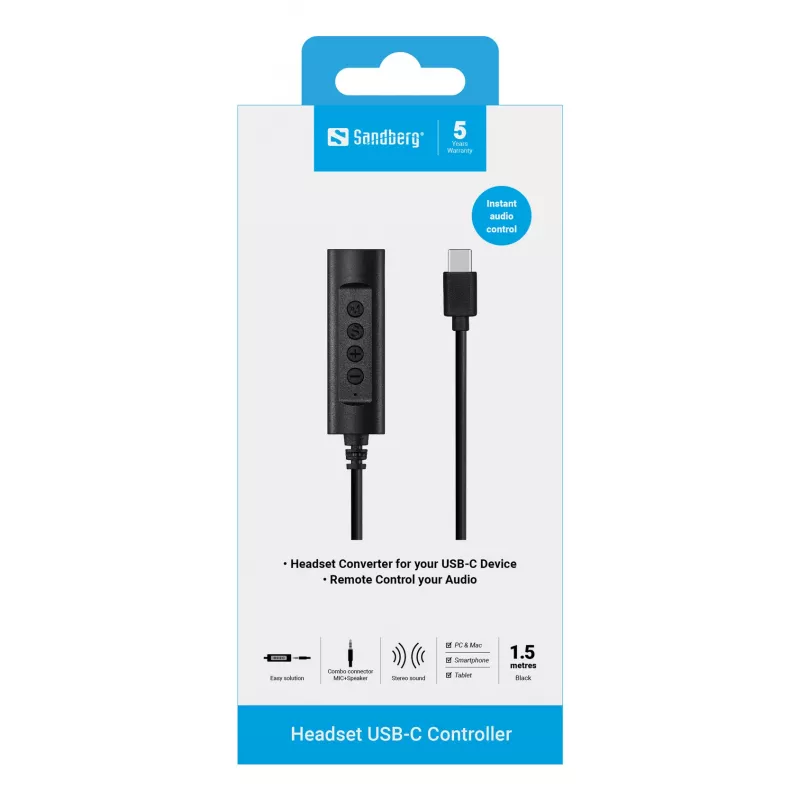 Sandberg kuulokemikrofoni USB-C -ohjain, 1,5 m, ohjain, 25 g, musta