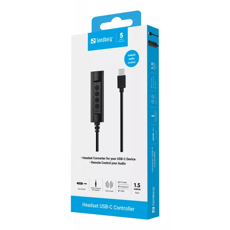 Sandberg kuulokemikrofoni USB-C -ohjain, 1,5 m, ohjain, 25 g, musta