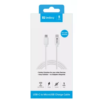 Sandberg USB-C>MicroUSB latauskaapeli 1m, 1 m, USB C, Micro-USB B, valkoinen