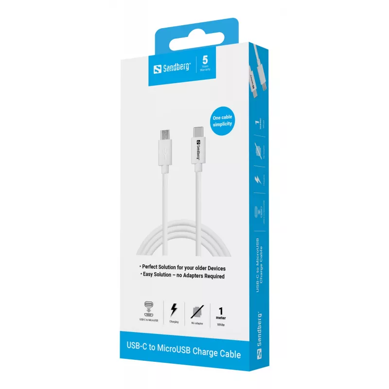 Sandberg USB-C>MicroUSB latauskaapeli 1m, 1 m, USB C, Micro-USB B, valkoinen